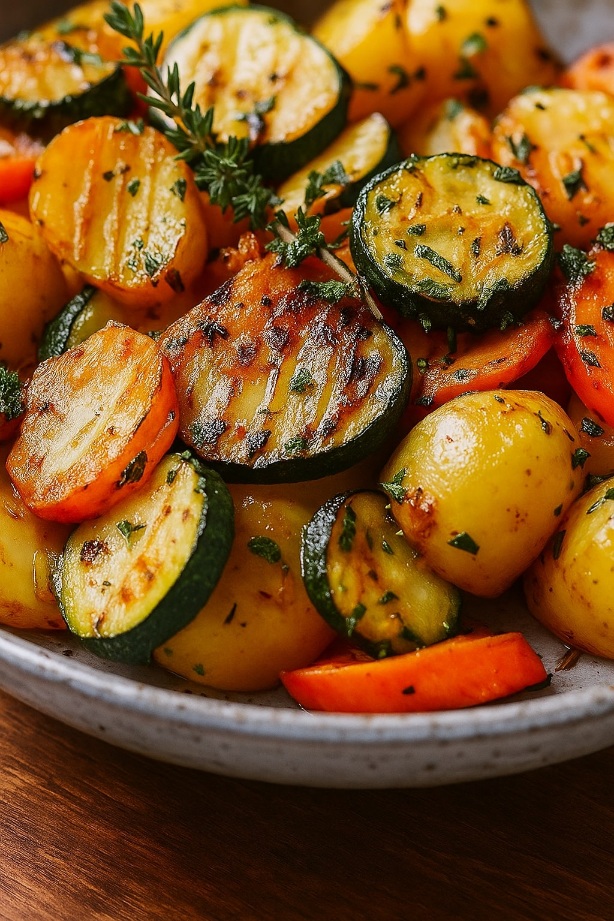 Frisch gebratene Zucchini-Kartoffel-Pfanne mit Kräutern in einer Pfanne serviert Frisch gebratene Zucchini-Kartoffel-Pfanne mit Kräutern in einer Pfanne serviert