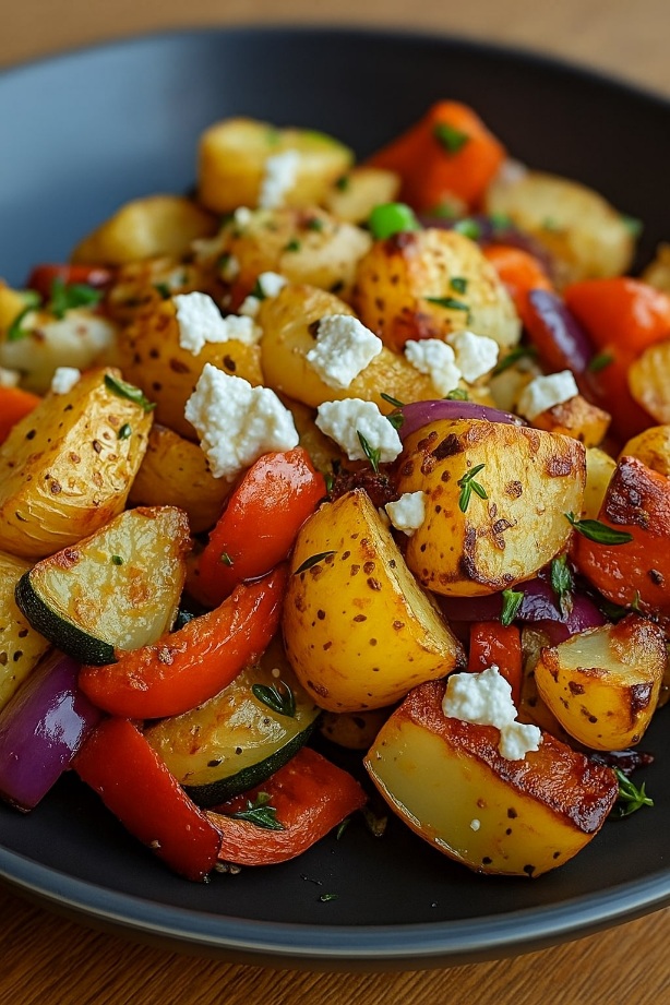 Buntes, geröstetes Ofengemüse mit Kartoffeln, Paprika und zerbröseltem Feta in Nahaufnahme Buntes, geröstetes Ofengemüse mit Kartoffeln, Paprika und zerbröseltem Feta in Nahaufnahme