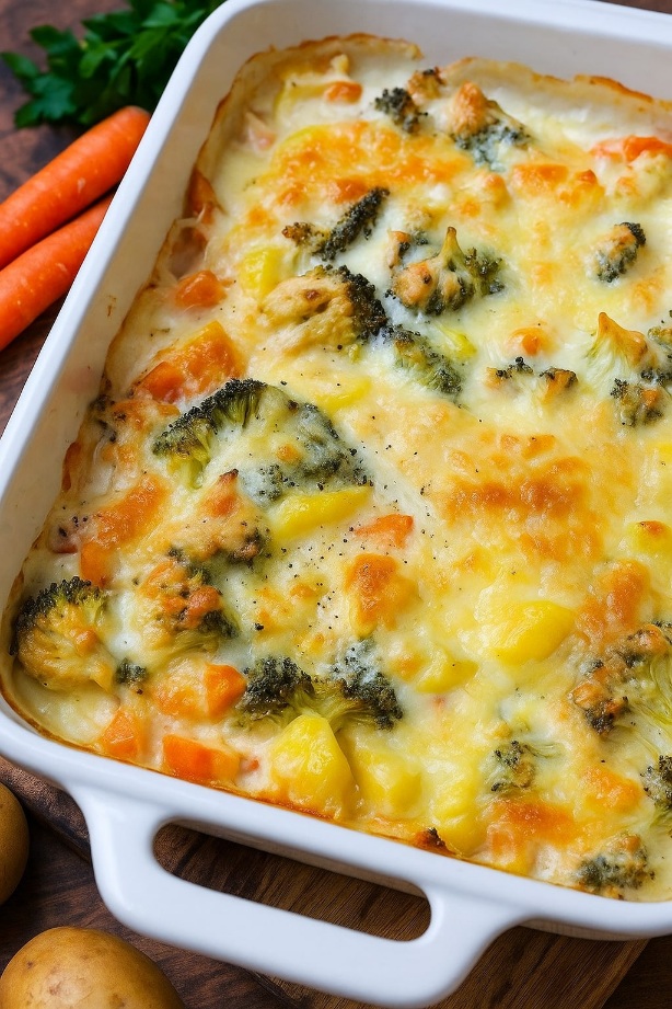 Vegetarischer Kartoffel-Gemüse-Auflauf in einer Auflaufform, goldbraun überbacken mit Käse, serviert als sättigendes Hauptgericht.