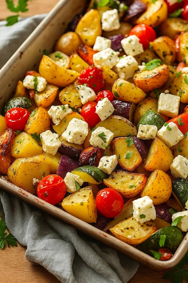 Ofengemüse mit Kartoffeln und Feta frisch aus dem Ofen auf einem Blech serviert Ofengemüse mit Kartoffeln und Feta frisch aus dem Ofen auf einem Blech serviert