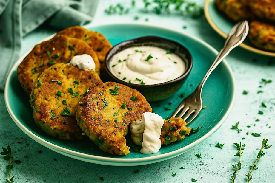 Knusprige Kartoffel-Bratlinge auf einem Teller mit frischem Kräuterquark-Dip und Salatbeilage – einfaches, vegetarisches Hauptgericht.
